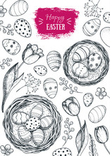 Happy Easter Vintage Frame. Hand Drawn Template For Design. Easter Eggs, Spring Tulip And Branches Collection. Retro Style Sketch