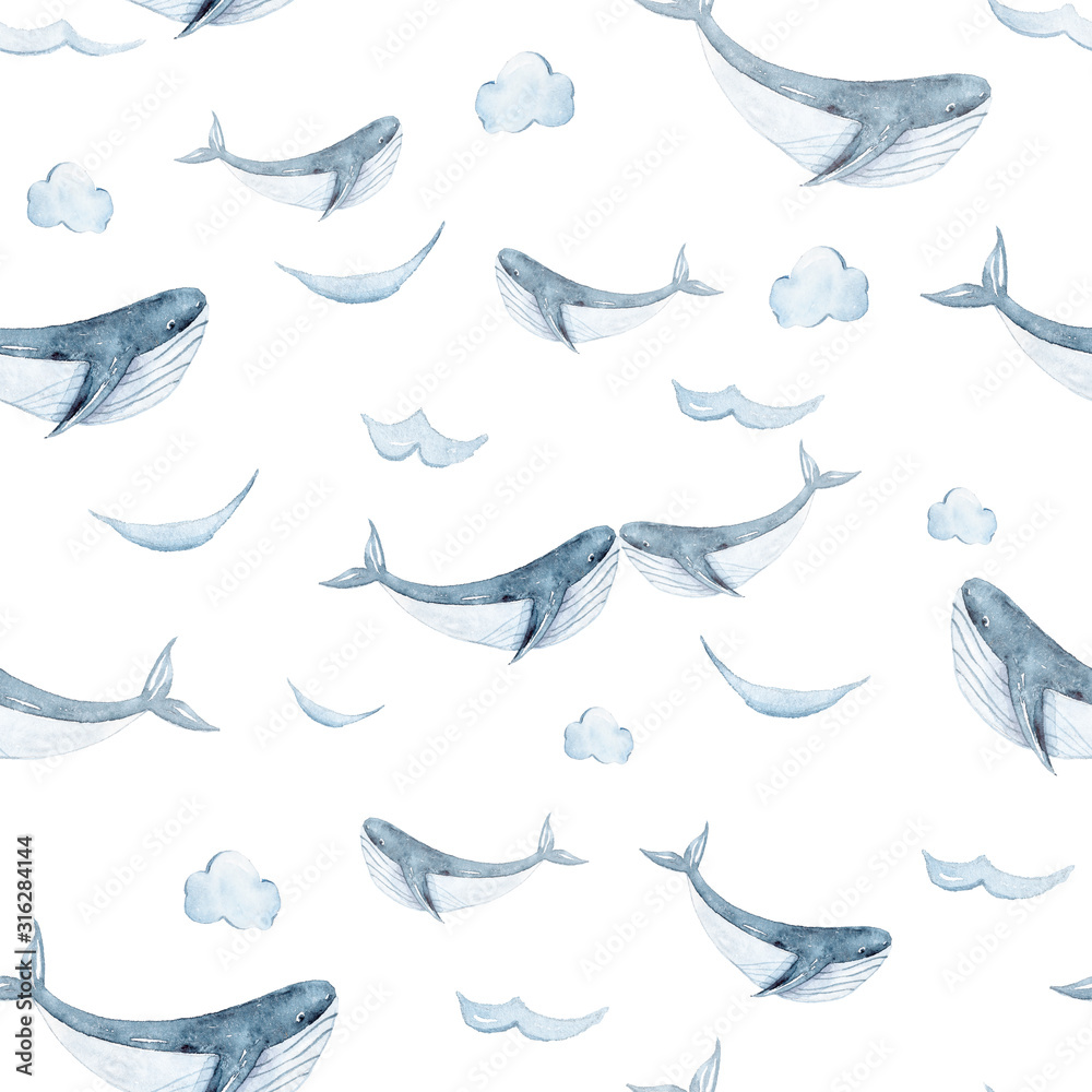 Watercolor hand painted sea life illustration. Seamless pattern on white background. Whales collection. Perfect for textile design, fabric, wrapping paper, scrapbooking - obrazy, fototapety, plakaty 