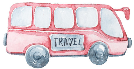 Watercolor hand painted cartoon travel bus. Lovely illustration for pattern, sticker, print, greeting card. Cute illustration on white background.