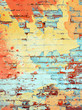 © Marianne Campolongo - Brightly colored orange yellow and aqua turquoise paint splatter digital painting on brick wall background texture with empty space as a grunge retro colored template