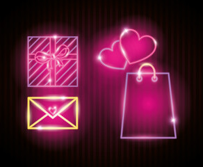 Wall Mural - set of valentine icons in neon light