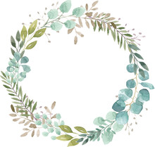 Watercolor Wreath Foliage Green Natural Eucalyptus Round Delicate Leaf Leaves Organic Spring Summer Bouquet 