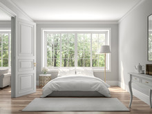 Classical Bedroom And Living Room 3d Render,The Rooms Have Wooden Floors And Gray Walls ,decorate With White And Gold Furniture,There Are Large Window Looking Out To The Nature View.