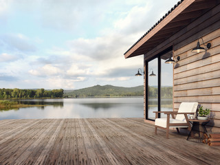 Wall Mural - Wooden house exterior with beautiful lake and mountain view 3d render,There are old wood terrace floor,Decorate with white fabric chair,Surrounded by nature