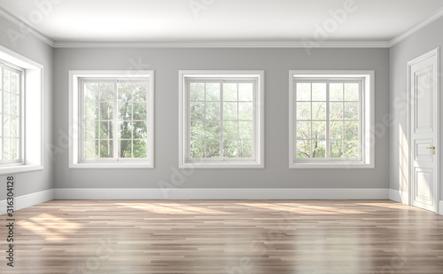 Fotomural Classical empty room interior 3d render,The rooms have wooden floors and gray walls ,decorate with white moulding,there are white window looking out to the nature view