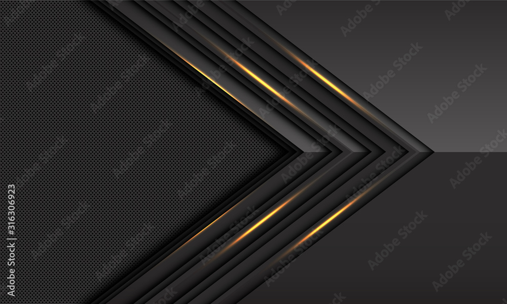 Abstract dark grey gold light metallic arrow direction with circle mesh ...