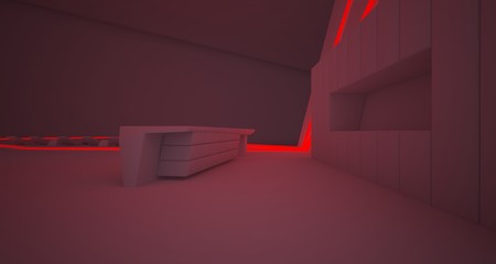 Abstract architectural white interior of a minimalist house with colored neon lighting. 3D illustration and rendering.