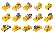 Bulldozer Icons Set. Isometric Set Of Bulldozer Vector Icons For Web Design Isolated On White Background