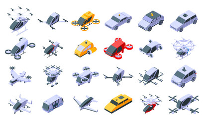 Poster - Unmanned taxi icons set. Isometric set of unmanned taxi vector icons for web design isolated on white background