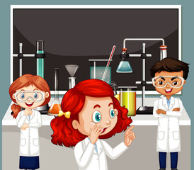 Wall Mural - Classroom scene with three science students doing lab