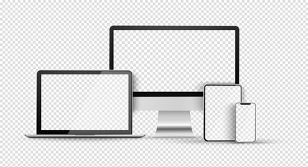 Leinwandbilder - Blank computer monitor, phone, tablet and laptop. Device set with empty screen. Realistic set of monitor, laptop tablet, smartphone on transparent background