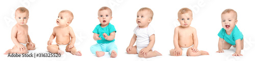Photographie Collage with cute little baby on white background