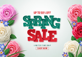 Wall Mural - Spring sale vector banner design. Spring sale 3D text with colorful camellia flower elements in white background for spring seasonal discount promotion. Vector illustration.