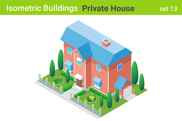 Wall Mural - Isometric Cottage Private House with backyard garden Building flat vector collection