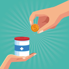 Wall Mural - hand holding a donation tin and hand with money coin, colorful design