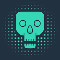 Sticker - Green Skull icon isolated on blue background. Happy Halloween party. Abstract circle random dots. Vector Illustration