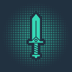 Green Sword for game icon isolated on blue background. Abstract circle random dots. Vector Illustration