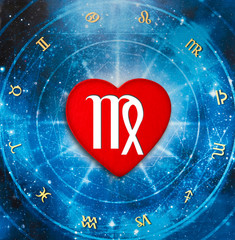 romantic red heart with zodiac symbol virgo over blue horoscope like astrology and love and relation
