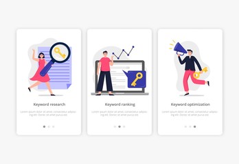 Fototapete - Stylish search engine optimization concepts: keyword research, ranking and optimization. Web developers team search for keywords to improve website page rank. Flat Vector illustration.