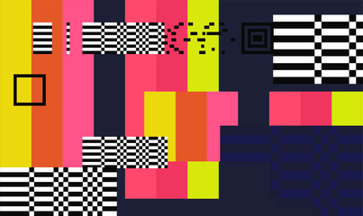 Aufkleber - Mosaic of random colorful pixels like in 8-bit video game with glitch art effect. Vaporwave and retrowave style abstract geometric background.