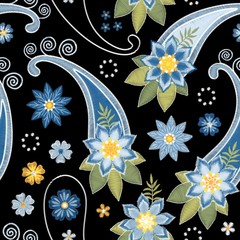 Wall Mural - Embroidery seamless pattern with flowers and paisley in blue colors on black background. Ornament in ethnic style for fabric, textile.