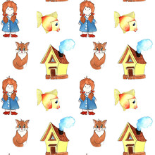 Watercolor Illustration. Hand Painted. Seamless Pattern Of Cartoon Characters. Girl, A House, A Cat And A Goldfish On A White Background.