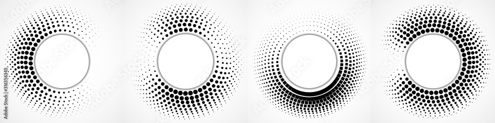 Vector set of halftone dotted background in circle form. Circle dots isolated on the white background - obrazy, fototapety, plakaty 