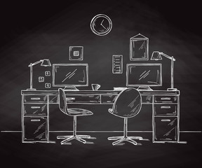 Fototapete - Sketch the room. Office chair, desk, various objects on the table. Sketch workspace. Vector