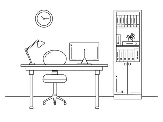 Fototapete - Office in a linear style. Workplace with a computer.
