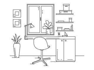 Fototapete - Office in a linear style. Workplace with a computer.