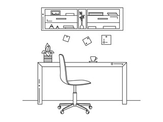 Fototapete - Office in a linear style. Workplace with a computer. Vector