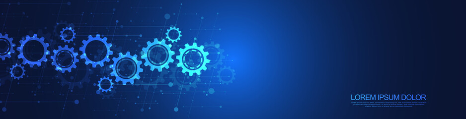 Poster - Cogs and gear wheel mechanisms. Hi-tech digital technology and engineering. Abstract technical background.