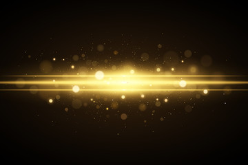 Abstract magical stylish light effect on a black background. Golden flash with glares bokeh. Christmas glow. Glowing flying dust. Vector illustration