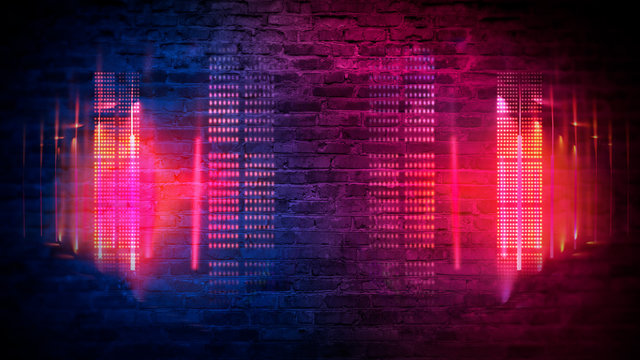 Old brick wall with neon lights. Neon shapes on brick wall background. Dark empty room with brick walls.