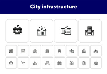 Sticker - City infrastructure line icon set. School, government, courthouse, hospital, road sign. Urban life concept. Can be used for topics like town, big city, architecture