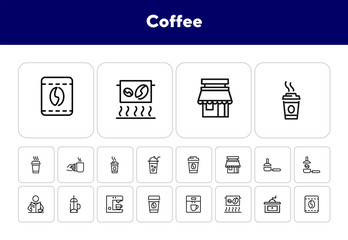 Wall Mural - Coffee line icon set. Takeaway cup, grinder, bean. Coffee break concept. Can be used for topics like coffee shop, cafe, morning