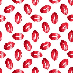 Wall Mural - Lips and marijuana leaves seamless vector pattern.Valentine's day vector background