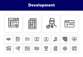 Poster - Development line icon set. Binary code, bot, software developer. Information technology concept. Can be used for topics like startup, internet, programming