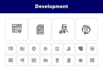 Poster - Development line icon set. Adding new file, atom, binary code. Information technology concept. Can be used for topics like machine learning, business SEO, startup, programming