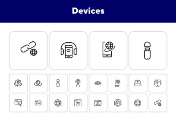 Poster - Devices line icon set. Set of line icons on white background. Globe, internet, gadget. Technology concept. Vector illustration can be used for topics like connection, progress