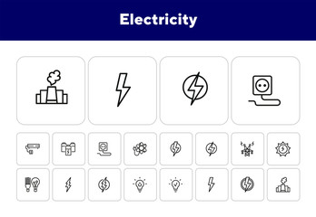 Poster - Electricity line icon. Set of line icons on white background. Energy concept. High voltage, lightning, lamp. Vector illustration can be used for topics like engineering, power