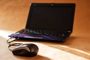 brown computer mouse and laptop