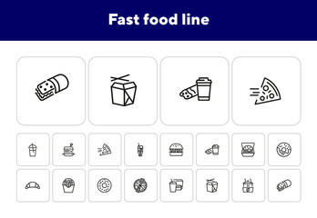 Sticker - Fast food line icon set. Set of line icons on white background. Pizza, coffee, sandwich, burger. Food concept. Vector illustration can be used for topics like food, street cafe, snack