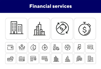 Sticker - Financial services line icon set. Credit card, office building, money, cash, wallet. Finance concept. Can be used for topics like banking, cashback, payment