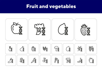 Wall Mural - Fruit and vegetables line icon set. Set of line icons on white background. Grocery concept. Mushroom, carrot, cherry, apple. Vector illustration can be used for topics like eating, food, healthcare