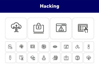 Poster - Hacking line icon set. Programmer, computer, memory stick. Information technology concept. Can be used for topics like antivirus, data safety, programming