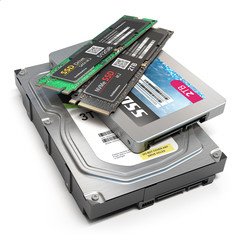 Poster - Set of different data storage devices. Hdd, ssd and ssd m2 isolated on white background.