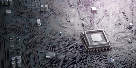 Poster - PU chip on circuit board. Black motherboard with central processor chip. Computer hardware tecnology.