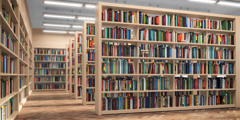 Poster - Library. Bookshelves with books and textbooks. Learning and education concept.