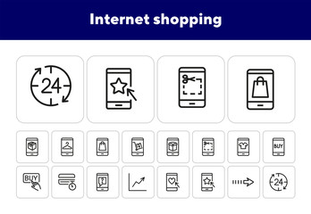 Sticker - Internet shopping line icon set. Smartphone, application, sale. Buying clothes concept. Can be used for topics like retail, store, technology